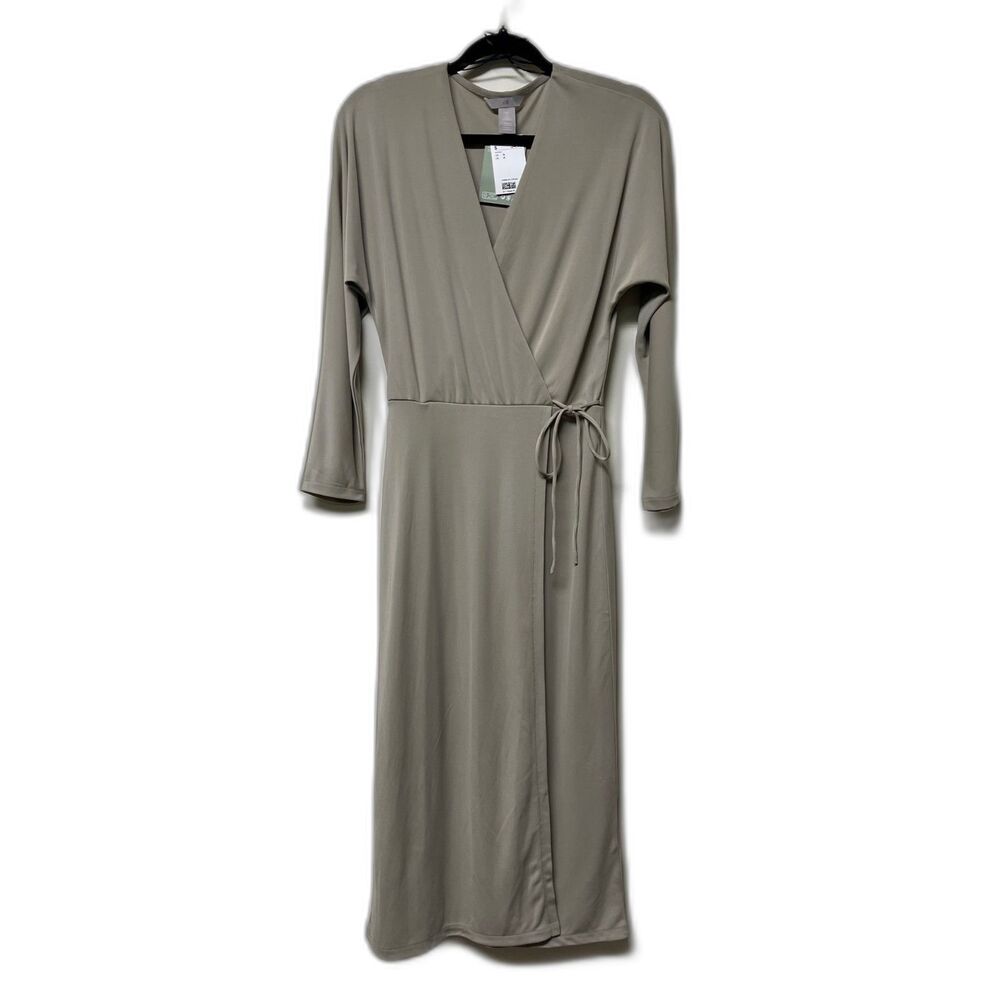 NWT H&M Khaki Faux Wrap Dolman Sleeve Midi Dress, Sz S